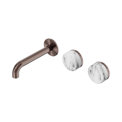 Serenity Wall Basin Set 160mm Offset Spout With Arabescato Corchia Handle Brushed Bronze