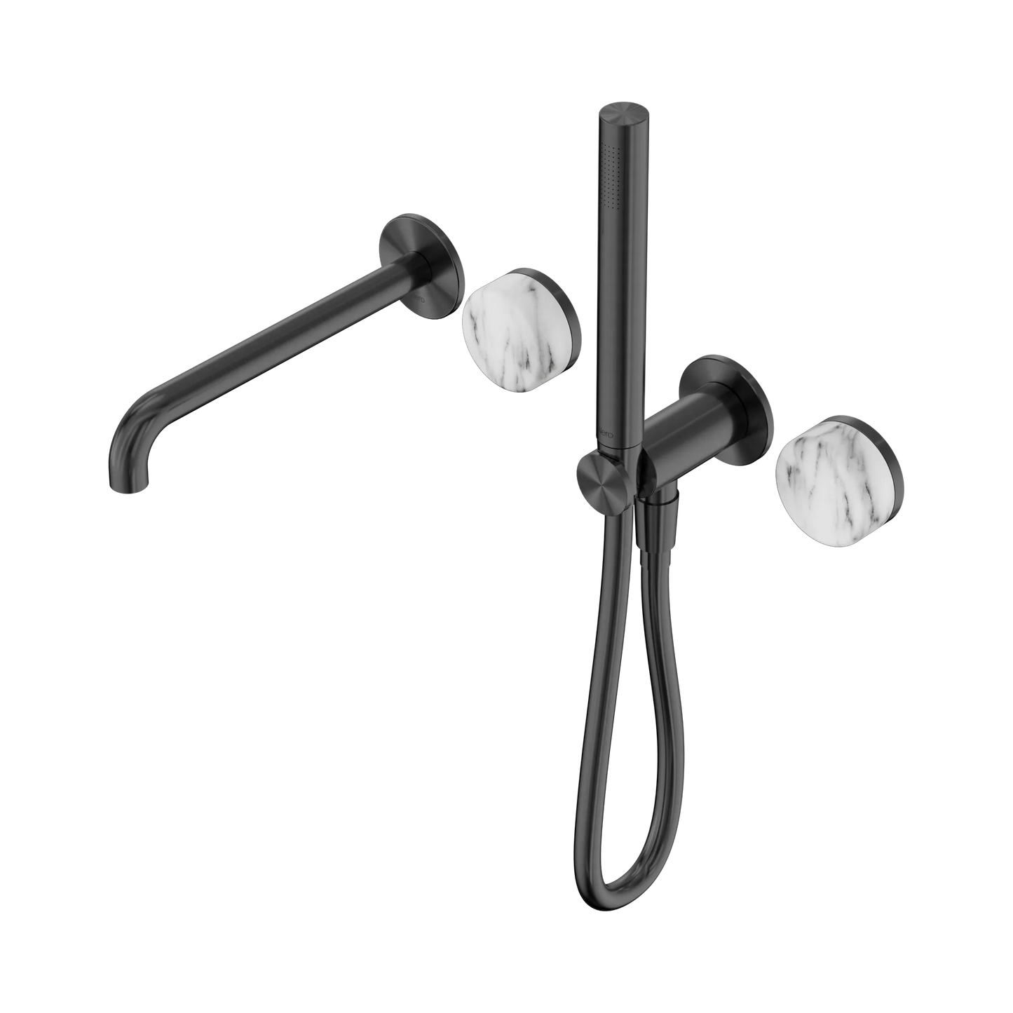 Serenity Progressive Shower System With Spout With Arabescato Corchia Handle And Slim Shower Gun Metal