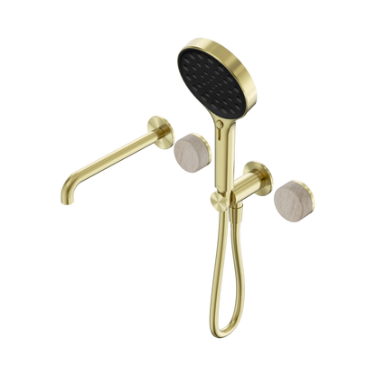 Serenity Progressive Shower System With Spout With Rome Travertine Handle And Serenity Hand Shower Brushed Gold