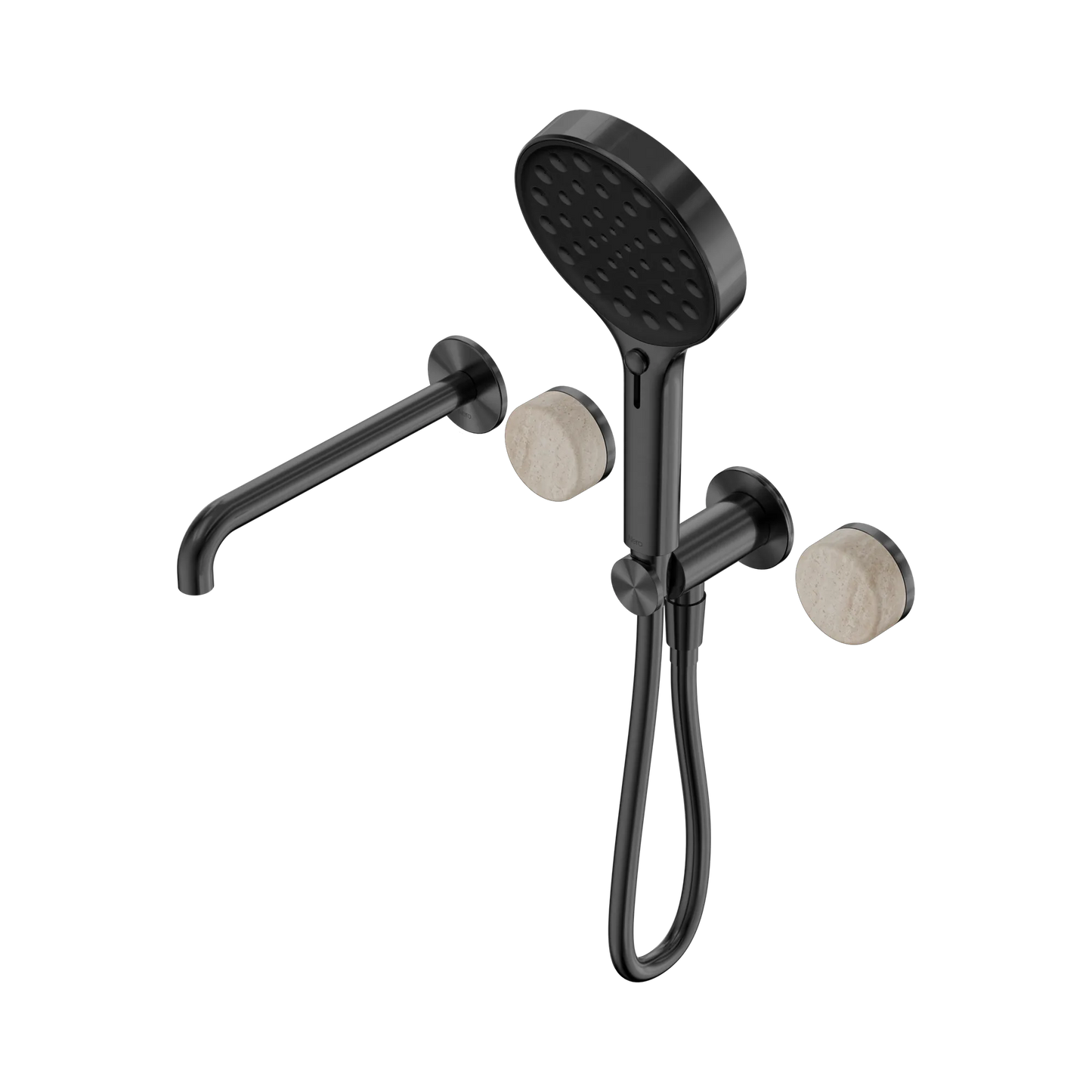 Serenity Progressive Shower System With Spout With Rome Travertine Handle And Serenity Hand Shower Gun Metal