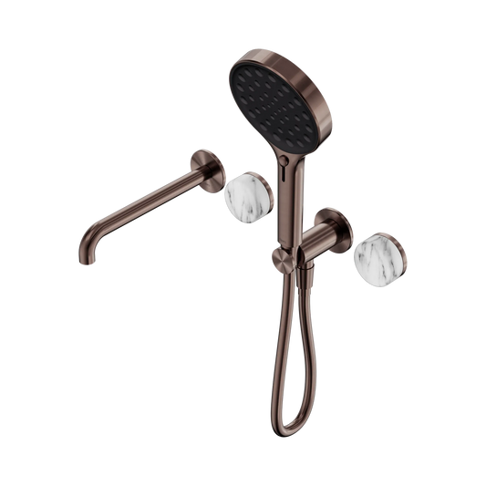 Serenity Progressive Shower System With Spout With Arabescato Corchia Handle And Serenity Hand Shower Brushed Bronze