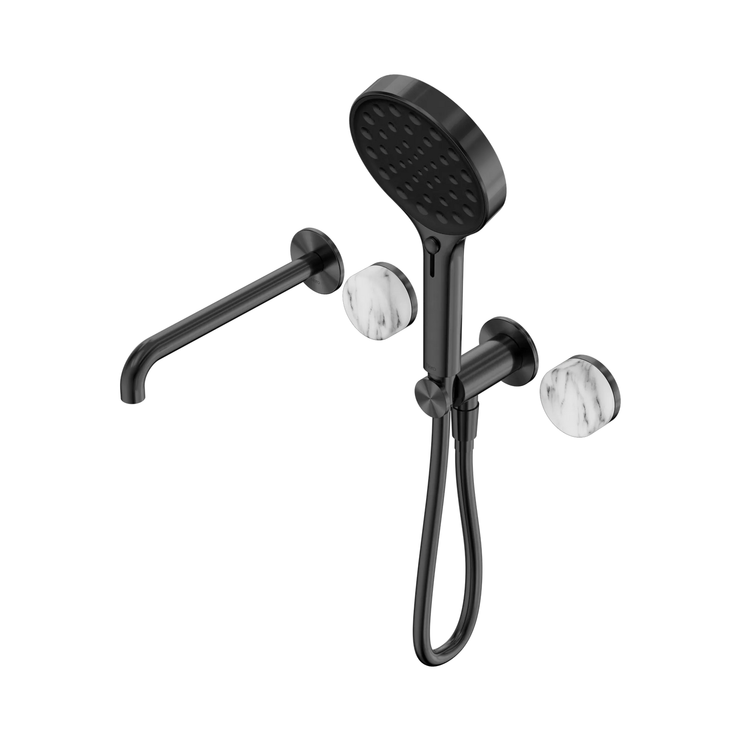 Serenity Progressive Shower System With Spout With Arabescato Corchia Handle And Serenity Hand Shower Gun Metal