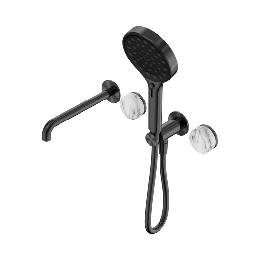 Serenity Progressive Shower System With Spout With Arabescato Corchia Handle And Serenity Hand Shower Gun Metal