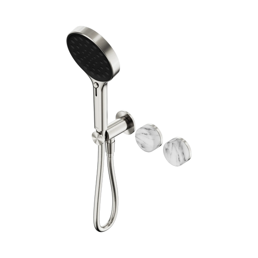Serenity Progressive Shower System With Arabescato Corchia Handle And Serenity Hand Shower Brushed Nickel