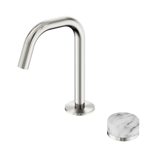 Serenity Progressive Basin Mixer Edge Spout With Arabescato Corchia Handle Brushed Nickel