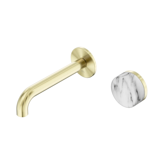 Serenity Progressive Wall Basin Mixer 160mm Spout With Arabescato Corchia Handle Brushed Gold