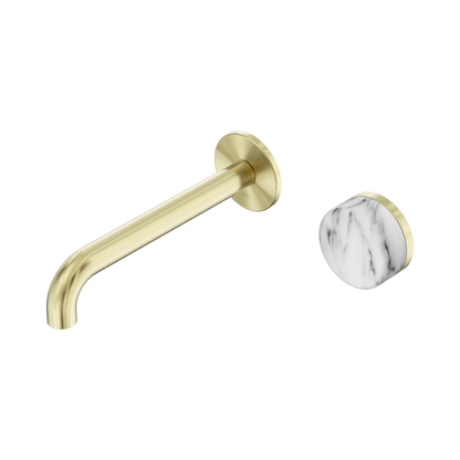 Serenity Progressive Wall Basin Mixer 185mm Spout With Arabescato Corchia Handle Brushed Gold