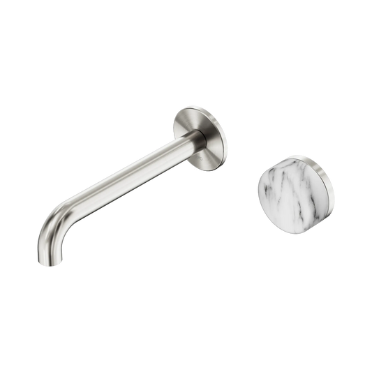 Serenity Progressive Wall Basin Mixer 185mm Spout With Arabescato Corchia Handle Brushed Nickel