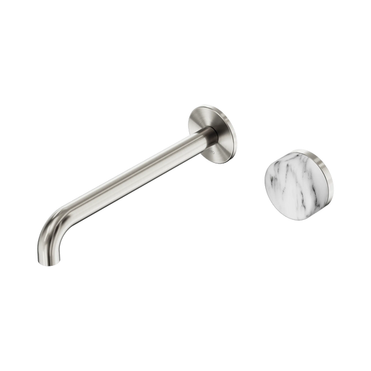 Serenity Progressive Wall Basin Mixer 220mm Spout With Arabescato Corchia Handle Brushed Nickel