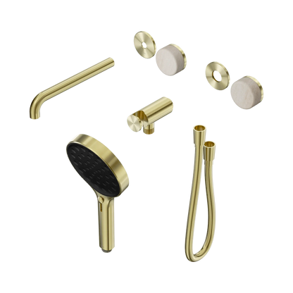 Serenity Progressive Shower System With Spout With Rome Travertine Handle And Serenity Hand Shower Trim Kit Only Brushed Gold