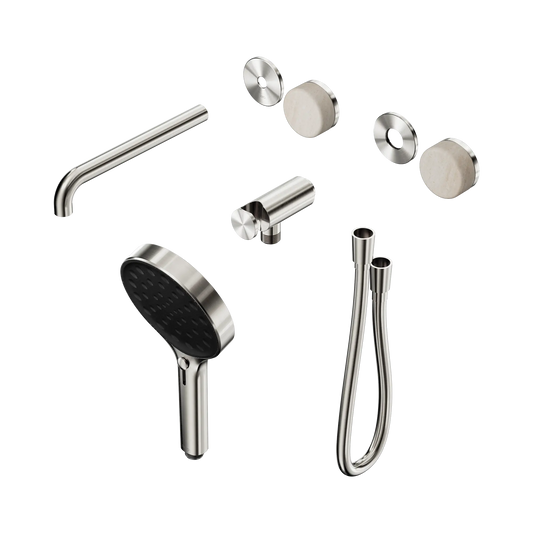 Serenity Progressive Shower System With Spout With Rome Travertine Handle And Serenity Hand Shower Trim Kit Only Brushed Nickel