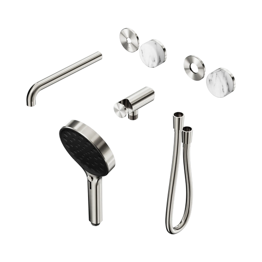 Serenity Progressive Shower System With Spout With Arabescato Corchia Handle And Serenity Hand Shower Trim Kit Only Brushed Nickel
