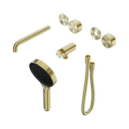 Serenity Progressive Shower System With Spout With Metal Handle And Serenity Hand Shower Trim Kit Only Brushed Gold