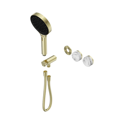 Serenity Progressive Shower System With Arabescato Corchia Handle And Serenity Hand Shower Trim Kit Only Brushed Gold