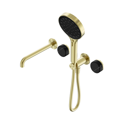 Serenity Progressive Shower System With Spout With Marquina Black Handle And Serenity Hand Shower Brushed Gold