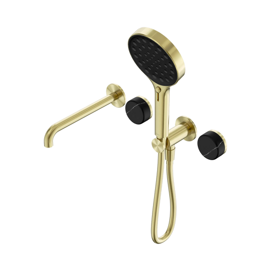 Serenity Progressive Shower System With Spout With Marquina Black Handle And Serenity Hand Shower Brushed Gold