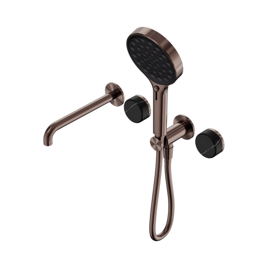 Serenity Progressive Shower System With Spout With Marquina Black Handle And Serenity Hand Shower Brushed Bronze