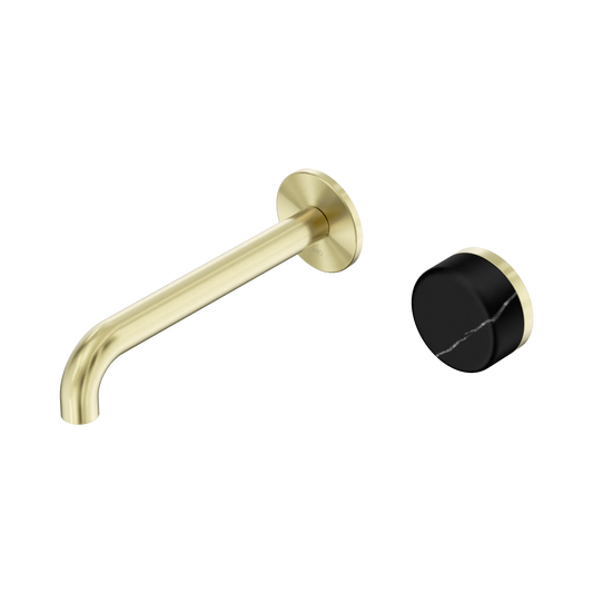 Serenity Progressive Wall Basin Mixer 185mm Spout With Marquina Black Handle Brushed Gold