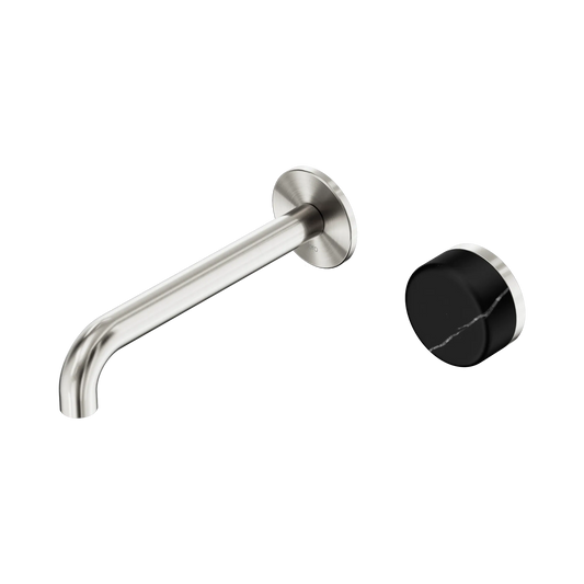 Serenity Progressive Wall Basin Mixer 185mm Spout With Marquina Black Handle Brushed Nickel