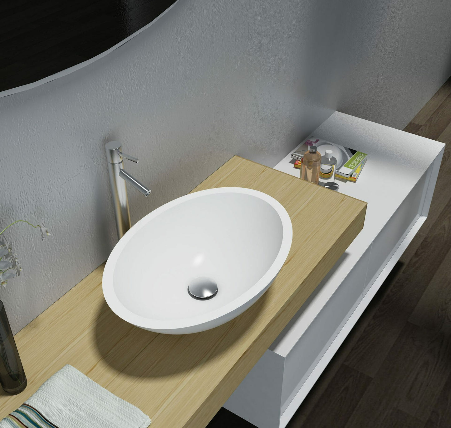 Matte White Oval Artificial Stone Basin  -    500x350x150mm