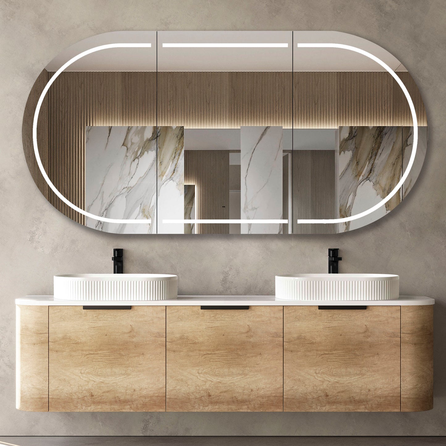 Bondi 1800mm Natural Oak Wall Hung Curve Cabinet Only