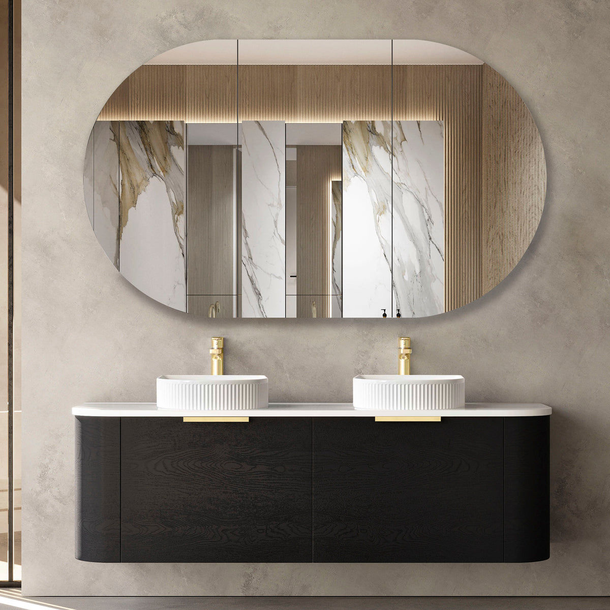 Bondi 1500mm Black Oak Wall Hung Curve Cabinet Only