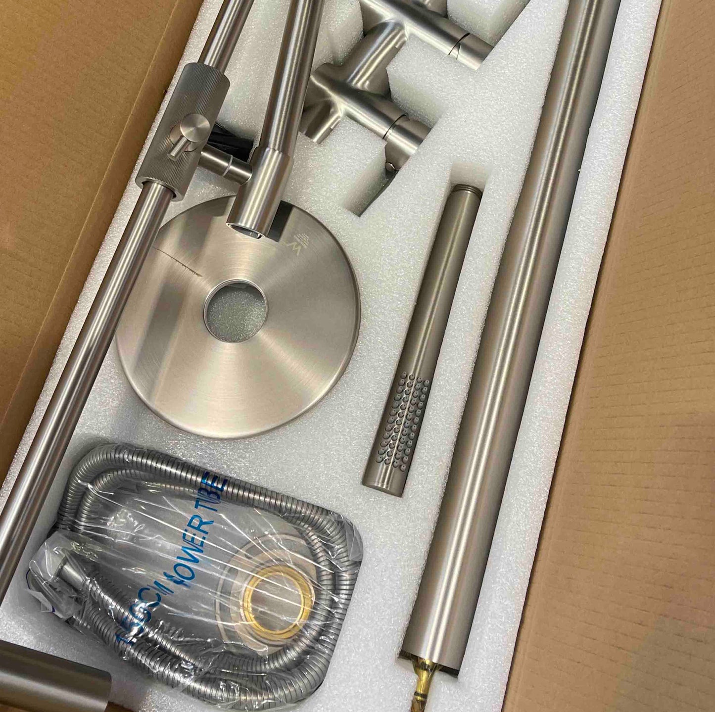Round Brushed Nickel Freestanding Bath Mixer With Handheld Shower