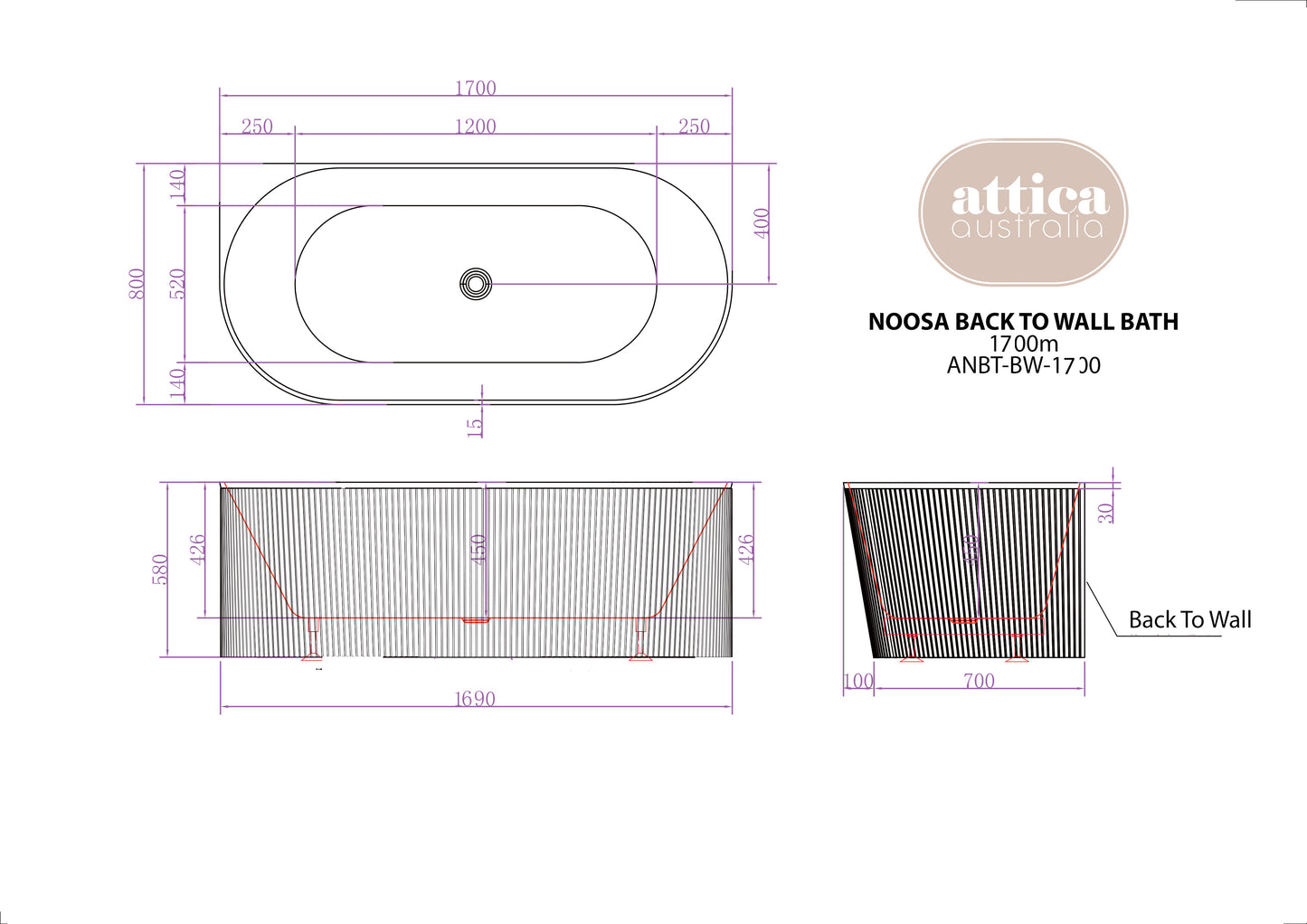 Attica Noosa 1700X800X580 Matte White Back to Wall Multi-fit Bath No Overflow