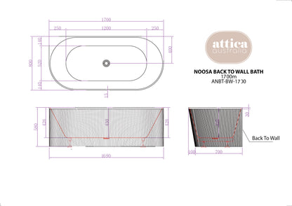 Attica Noosa 1700X800X580 Matte White Back to Wall Multi-fit Bath No Overflow