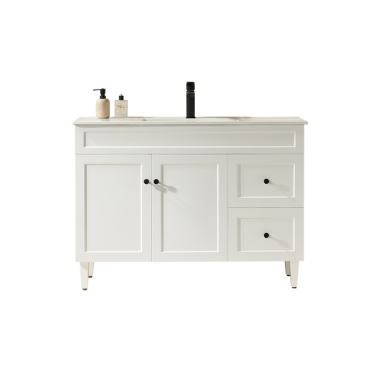 1200mm Harrington Floor Vanity PVC Right Side Drawers - Cabinet Only - Single Bowl - Matte White