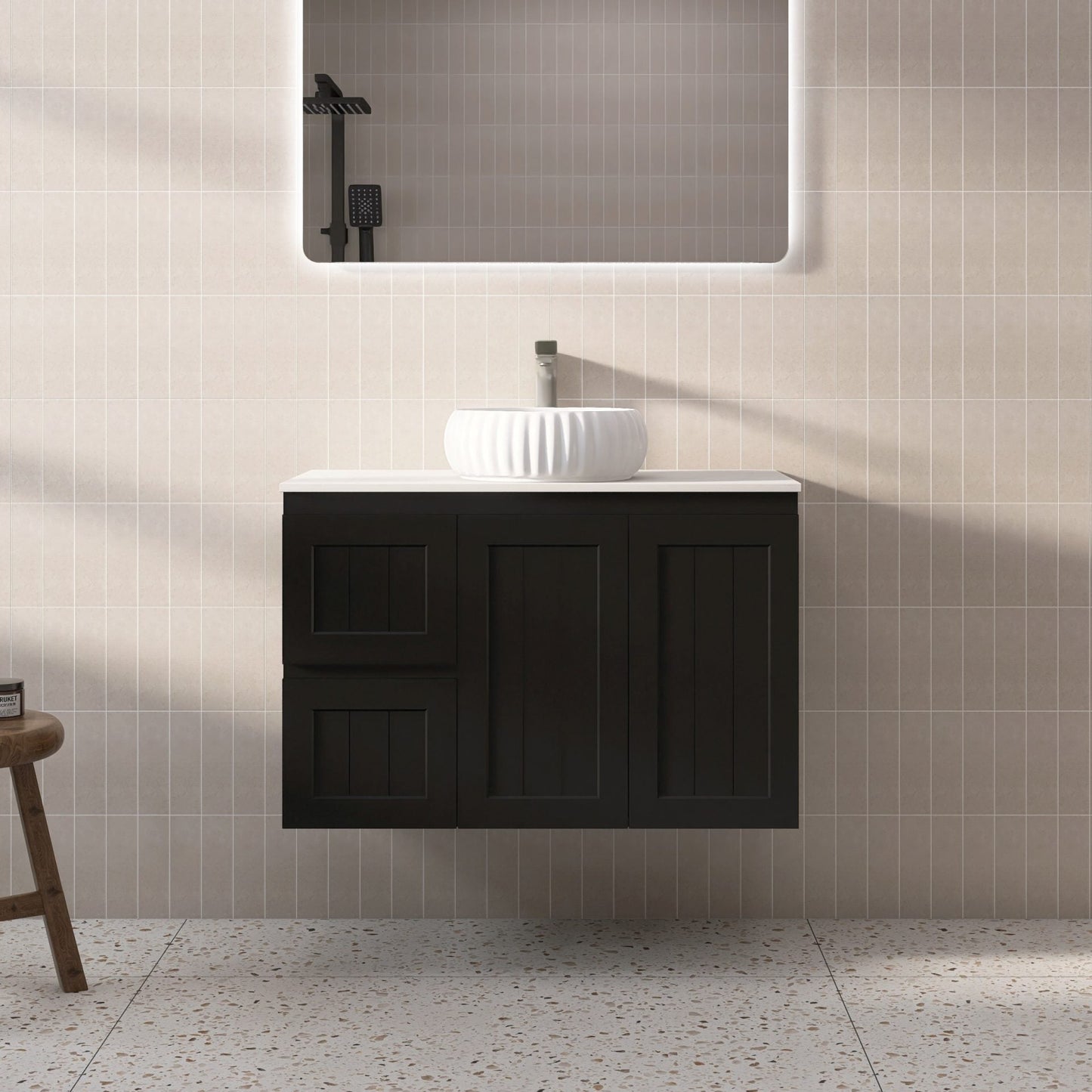 900mm Acacia Wall Hung Vanity PVC Left Side Drawers - Cabinet Only - Matte Black