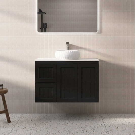 900mm Acacia Wall Hung Vanity PVC Left Side Drawers - Cabinet Only - Matte Black