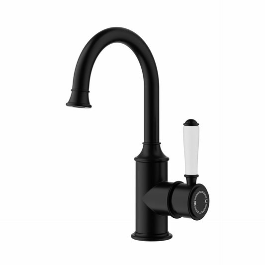 Clasico Gooseneck Basin Mixer Ceramic handle in Matt Black