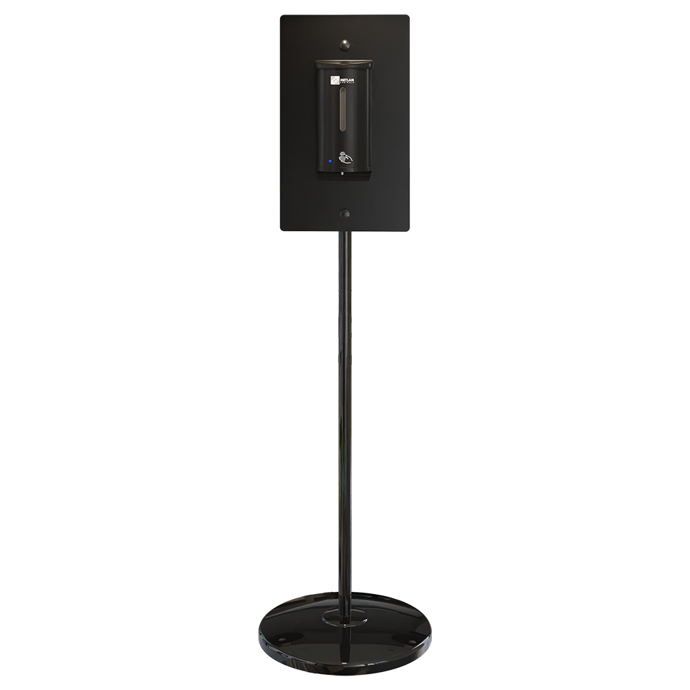 Hygiene Station with White Stand & Black Sanitiser Dispenser - Finish: White Powder Coat & Designer Black