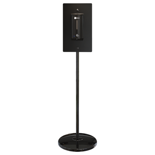 Hygiene Station with White Stand & Black Sanitiser Dispenser - Finish: White Powder Coat & Designer Black