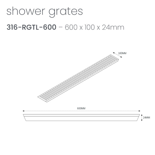 Radiant Slotted Linear Shower Grate - 600 mm length LID ONLY - Brushed Satin
