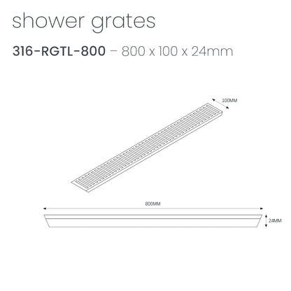 Radiant Slotted Linear Shower Grate - 800 mm length LID ONLY - Brushed Satin