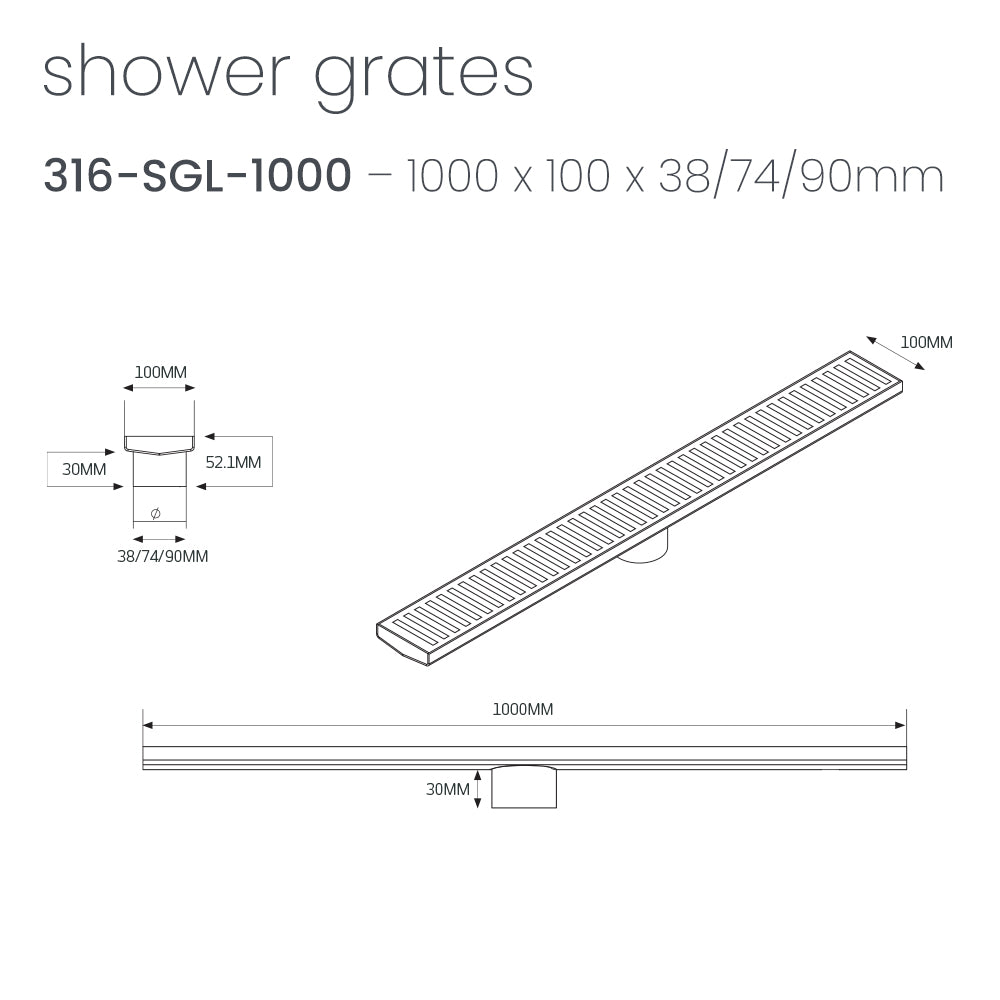 Radiant Slotted Linear Shower Grate - 1000 mm length + 38mm outlet - Brushed Satin
