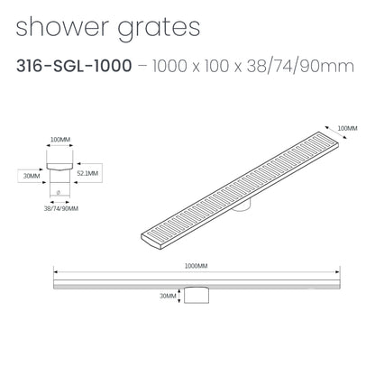 Radiant Slotted Linear Shower Grate - 1000 mm length + 38mm outlet - Brushed Satin