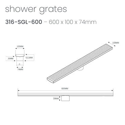 Radiant Slotted Linear Shower Grate - 600 mm length + 74mm outlet - Matt Black