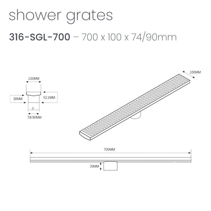 Radiant Slotted Linear Shower Grate - 700 mm length + 74mm outlet - Brushed Gold
