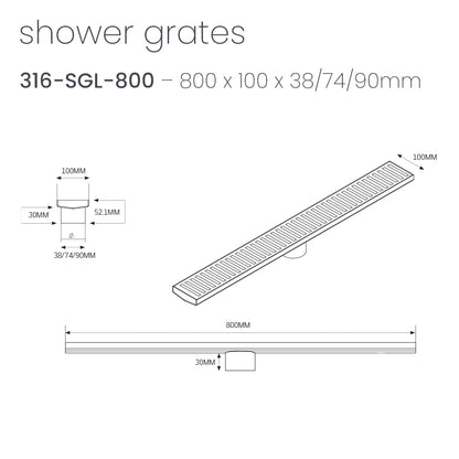 Radiant Slotted Linear Shower Grate - 800 mm length + 74mm outlet - Brushed Gold