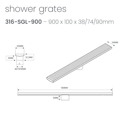 Radiant Slotted Linear Shower Grate - 900 mm length + 74mm outlet - Brushed Satin