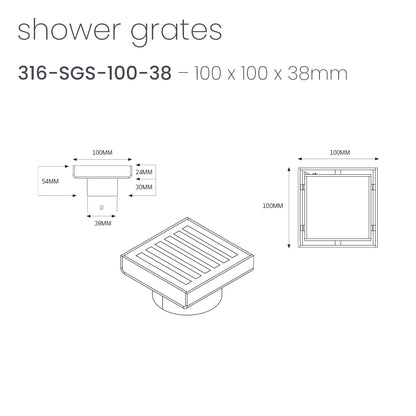 Radiant Slotted Square Shower Grate - 100 mm + 38mm outlet - Gunmetal Grey