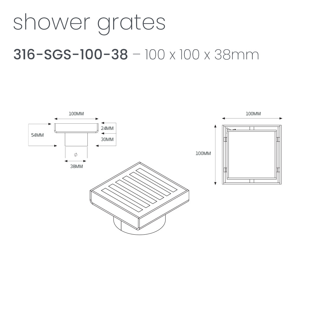 Radiant Slotted Square Shower Grate - 100 mm + 38mm outlet - Brushed Nickel