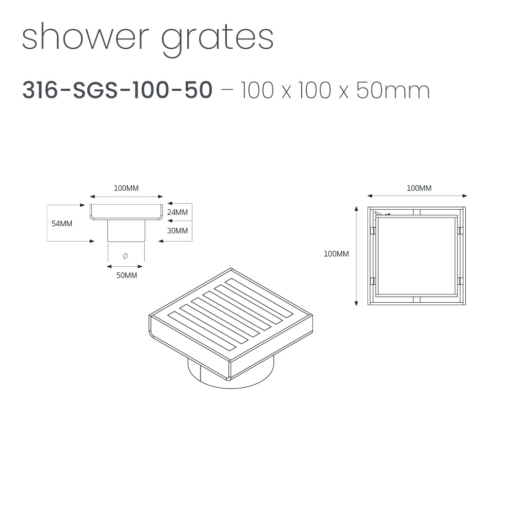 Radiant Slotted Square Shower Grate - 100 mm + 50mm outlet - Brushed Satin