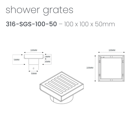 Radiant Slotted Square Shower Grate - 100 mm + 50mm outlet - Brushed Satin