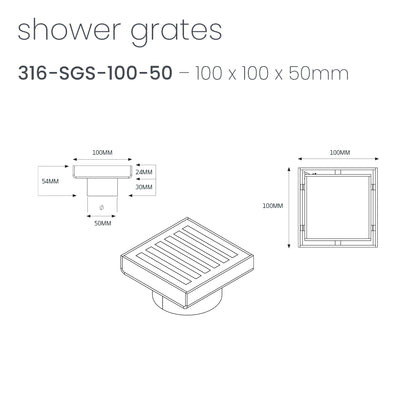 Radiant Slotted Square Shower Grate - 100 mm + 50mm outlet - Brushed Gold