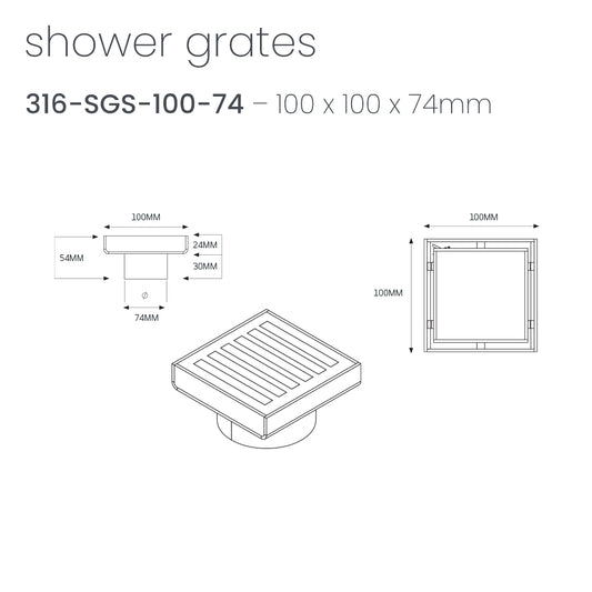 Radiant Slotted Square Shower Grate - 100 mm + 74mm outlet - Brushed Satin