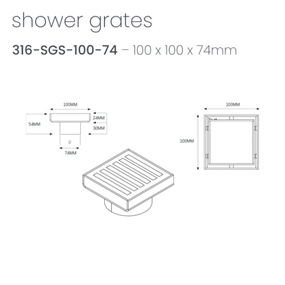 Radiant Slotted Square Shower Grate - 100 mm + 74mm outlet - Gunmetal Grey